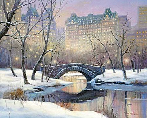 Central Park Painting, Mask Reference, Winter Cityscape, Snow Park, Winter In New York, Card Painting, New York Manhattan, Nyc Winter, Bridge Painting