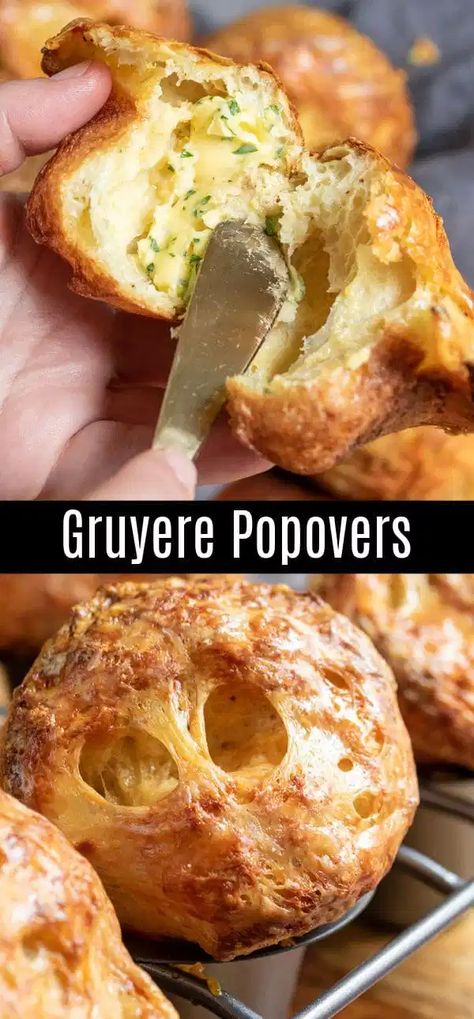 Cheesy Popovers, Gruyere Popovers, Popover Recipes, Savory Bakes, Thanksgiving Dinner For Two, Rolls Baking, Christmas Rolls, Savory Bread Recipe, Popover Recipe