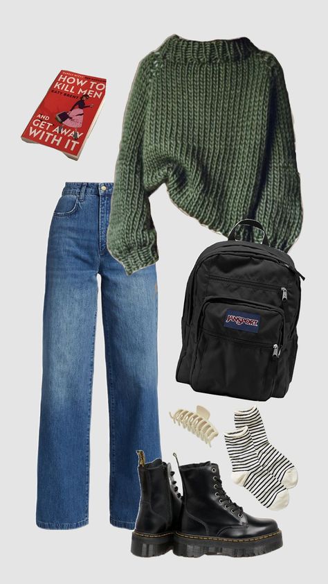 Black Jeans Autumn Outfit, Biologist Aesthetic Outfit, Green Jumper Outfits Women, Elegant Comfortable Outfit, Clothing Combos Outfit Ideas, Elevated Indie Outfits, Chill Winter Fits, Old Person Outfit, Chill Outfits For School Winter