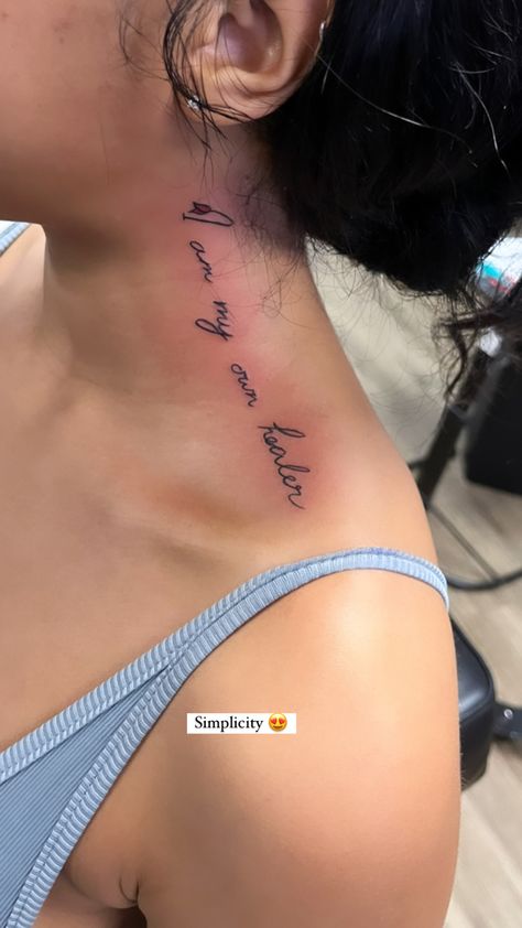 Quotes On Neck Tattoo, Small Word Neck Tattoos For Women, Word Tattoos On Neck, Self Love Neck Tattoo, Neck Quotes, Cute Side Neck Tattoos For Women, Pretty Neck Tattoos Women Side, Neck Tattoo Quotes For Women, Neck Tattoo Quote