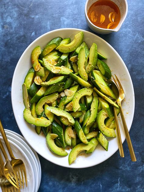 Spicy Cucumber Avocado Salad recipe inspired by Din Tai Fung Salad With Chili, Pickle Onions Recipe, Garlic Vinaigrette, Cucumber Appetizers, Spicy Cucumber Salad, Spicy Cucumber, Cucumber Avocado Salad, Din Tai Fung, Avocado Salad Recipes