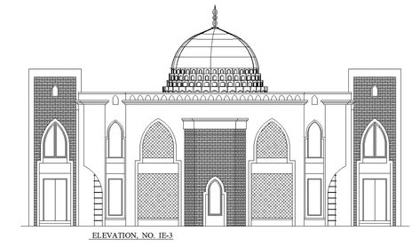 Back elevation of mosque detail drawing AutoCAD file. #cadbull #autocad #caddrawing #architecture #historicalplaces #mosque #backelevation Masjid Front Elevation Design, Mosque Design Islamic Architecture Plan, Architecture Model Trees, Mosque Design Islamic Architecture, Pattern Board, 3 Storey House Design, Gate Wall Design, Detail Drawing, Islamic Motifs