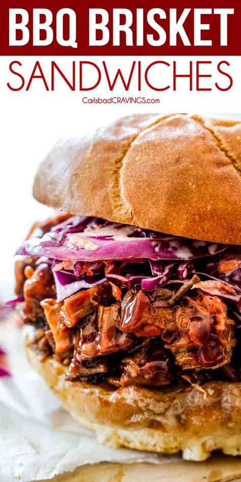 up close of easy brisket sandwich with coleslaw Sandwiches With Coleslaw, Bbq Brisket Sandwich, Brisket Sandwich Recipe, Brisket Sandwiches, Beef Brisket Sandwich, Easy Sandwiches, Bbq Beef Sandwiches, Sandwhich Recipes, Beef Brisket Recipes