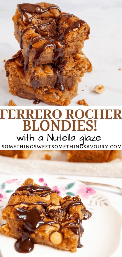 Do you like Ferrero Rocher Chocolates and Nutella? Who doesn't I hear you say? Well do I have the perfect recipe for you! Those Ferrero Rocher Blondies are simply irresistible! #ferrerorocherblondies #blondies #nutellablondies Raspberry Bars Recipes, Chocolate Raspberry Bars, Quick Bakes, Eid Biscuits, Nutella Blondies, Blondie Recipes, Sunday Baking, Raspberry Bars, Ferrero Rocher Chocolates