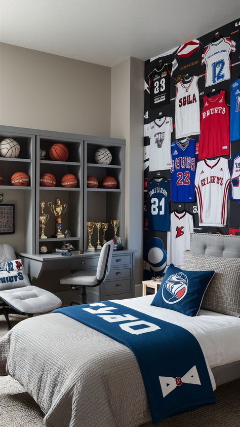 21 Boy Bedroom Ideas: Styles, Furniture, Decor, and Makeover Tips for All Ages Sport Themed Room, Teen Boy Soccer Bedroom, Boy Football Bedroom, Boys Bedroom Ideas Teenagers, Boys Basketball Bedroom Ideas, Football Themed Boys Room, Kids Gaming Bedroom, Boy Room Ideas Teenagers, Little Boys Room Ideas