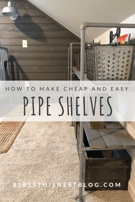 How To Make Cheap And Easy Pipe Shelves | Bless This Nest Diy Pipe Shelves, Easy Shelves, Renters Decorating, Home Decor Websites, Diy Pipe, Farmhouse Look, Pipe Shelves, Rustic Living, Cute Home Decor