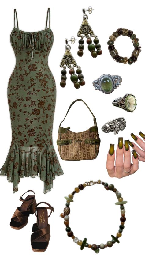 Earthy green brown dress outfit inspo jewelry purse heels Brown Dress Outfit, Brown Dresses Outfit, Earthy Style, Earthy Green, Boho Style Outfits, Really Cute Outfits, Bohemian Clothes, Brown Dress, Dress Outfit