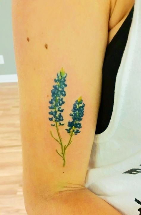 My beautiful Texas bluebonnet tattoo Bluebonnet Watercolor Tattoo, Texas Bluebonnet Tattoo, Bluebonnet Tattoos, Watercolor Tatoos, Blue Bonnet Tattoo, Fireweed Tattoo, Dean Tattoo, Bluebonnet Tattoo, Sarah Tattoo