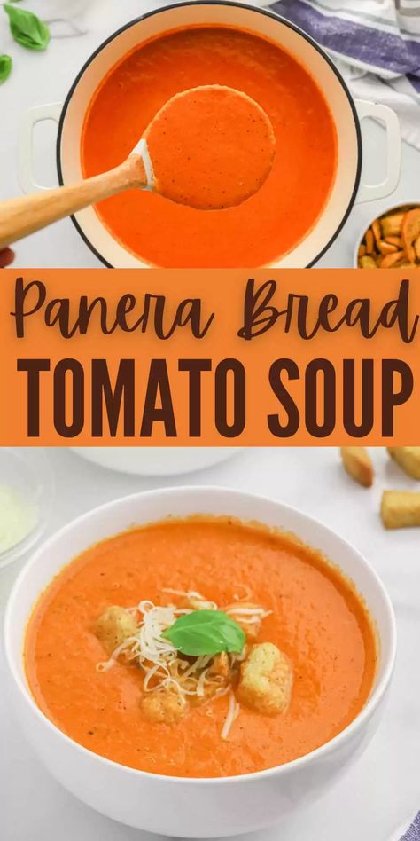 Panera Bread Tomato Soup Recipe - Eating on a Dime Fall Tomato Soup, Panera Creamy Tomato Soup, Panera Copycat Soup, Copycat Panera Bread Recipes, Copycat Campbells Tomato Soup, Copycat Panera Tomato Soup, Panera Soup Recipes Copycat, Panera Tomato Soup Recipe Copycat, Panera Tomato Basil Soup