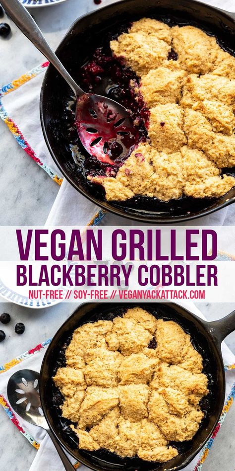 No need to heat up your kitchen with the oven this summer, make this Grilled Blackberry Cobbler. A fluffy biscuit topping, fresh berries, and super delicious; plus, vegan! Vegan Blackberry Cobbler, Vegan Crisp, Vegan Grilling Recipes, Zucchini Pommes, Blackberry Cobbler, Vegan Grilling, Vegan Holiday, Vegan Bbq, Blueberry Cobbler