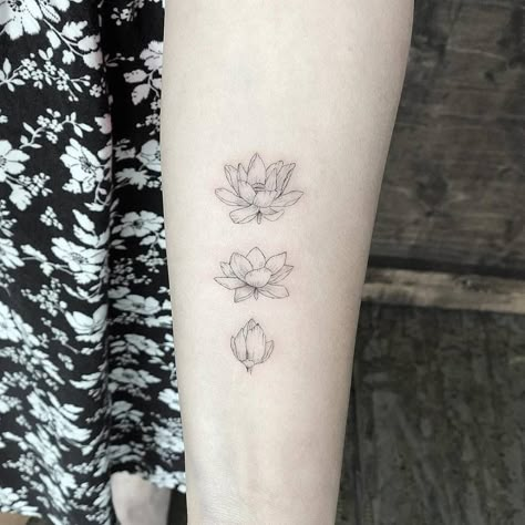 Blooming lotus flower tattoo on the left inner forearm. Blooming Lotus Flower Tattoo, Blooming Flower Tattoo, Lotusblume Tattoo, Small Lotus Tattoo, Lotus Tattoos, Water Lily Tattoos, Army Tattoos, Lotus Tattoo Design, Flower Tattoo Meanings