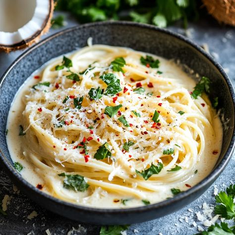 Coconut Cream Pasta: A Tropical Twist - Recipes Time Pasta With Coconut Milk Sauce, Coconut Pasta Sauce, Coconut Cream Pasta, Coconut Milk Pasta, Coconut Pasta, Orthodox Fasting, Fasting Meals, Twist Recipes, Cream Sauce Pasta