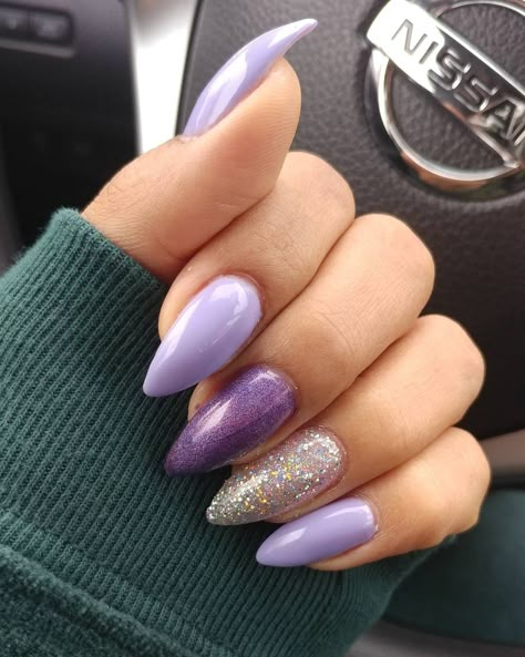 Purple Nails Speak Now, Taylor Swift Speak Now Era Nails, Purple Shine Nails, Lilac Nails Acrylic Lavender Almond, Speak Now Nail Design, Taylor Swift Nail Art Speak Now, Matte Purple Nails With Glitter, Lavender Haze Nails Taylor, Purple Sparkling Nails