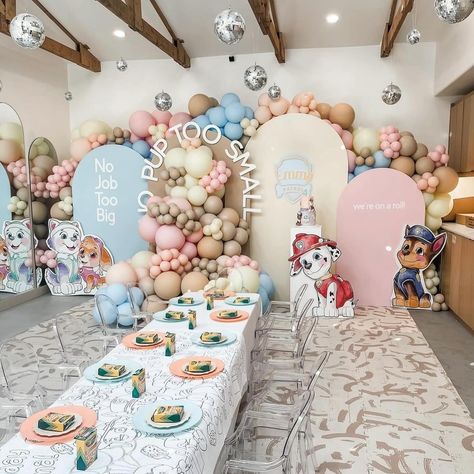 Well hello gorgeous Paw Patrol party! Notice the coloring tablecloth? 📸 @popofcoloraz #kidsparty #pawpatrolbirthday #partyinspo Muted Paw Patrol Party, Paw Patrol 2nd Birthday Girl, Girly Paw Patrol Birthday Party, Paw Patrol Backdrop Ideas, Paw Patrol Birthday Party Girl, Paw Patrol Party Ideas Girl, Sky Paw Patrol Party Ideas, Paw Patrol 4th Birthday Party, Skye Paw Patrol Birthday Party