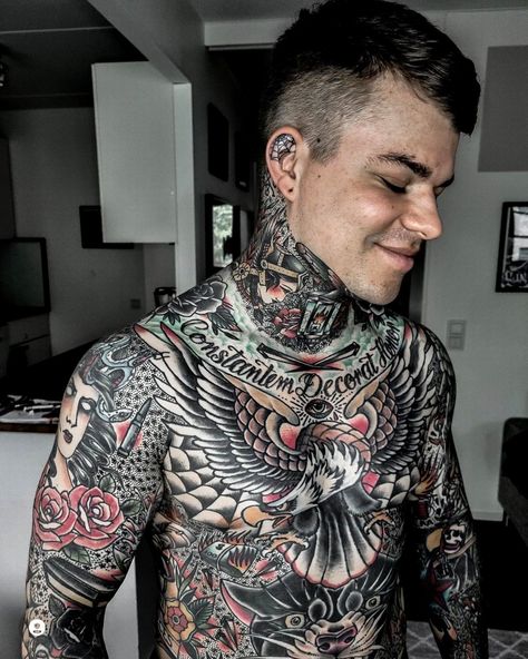 Traditional Torso Tattoo Men, Traditional Full Body Tattoo, Front Piece Tattoo, Traditional Tattoo Torso, Neo Traditional Chest Tattoo, Traditional Chest Tattoo, Trad Tattoos, Colour Tattoos, Traditional Chest