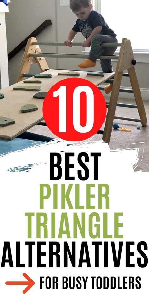 Pikler triangles are great for busy toddlers, but whether your kids are too big, you have a small space, or you have a low budget, here are the perfect alternative climbing toys for you! Pickler Triangle Slide Diy, Diy Climbing Triangle, Wall Busy Board, Pikler Triangle Storage, Pickler Triangle Ideas, Pickler Triangle Diy, Diy Toddler Climbing Structure, Diy Climbing Toys For Toddlers, Pikler Triangle Activities