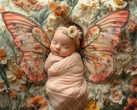 Floral Baby Butterfly Wings, Background Photography, Composite Photoshop, Newborn Digital Backdrop, Creative Composite, Digital Download - Etsy Baby Backdrop Ideas, Wings Background, Toddler Photo Ideas, Ethereal Butterfly, Baby Backdrop, Newborn Digital Backdrop, Newborn Photo Shoot, Newborn Photo Ideas, Baby Photo Shoot