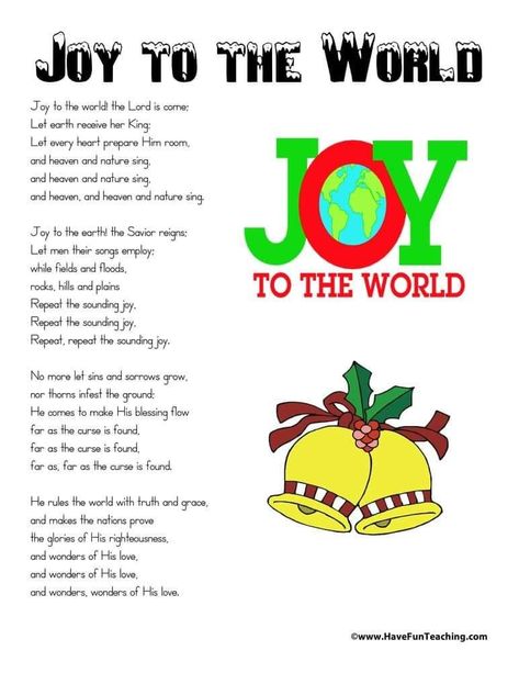 Joy to the world Joy To The World Lyrics Printable, Joy To The World Lyrics, Christmas Song Lyrics, Christmas Carols Lyrics, Christmas Carols Songs, Christmas Songs For Kids, Carol Songs, Christmas Classroom Treats, Christmas Songs Lyrics