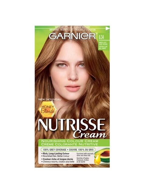 6.34 Amber Light Honey Brown | Garnier Nutrisse Light Honey Brown, Hair Color For Brown Skin, Cream Honey, Honey Blonde Hair Color, Honey Brown Hair, Amber Light, Sew In Hairstyles, Honey Blonde Hair, Permanent Hair Dye