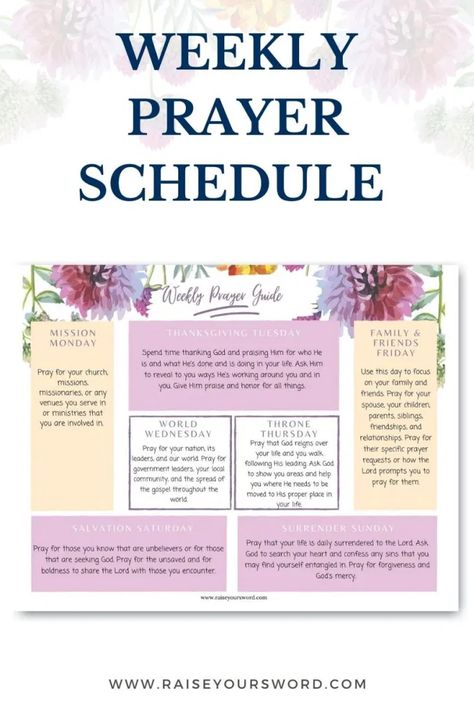 Prayer Board Ideas With Envelopes, Prayer Schedule Weekly, Weekly Prayer Schedule, Prayer List Ideas, Prayer List Template, Prayer Schedule, Prayer Calendar, Prayer Prompts, Pro Organizer