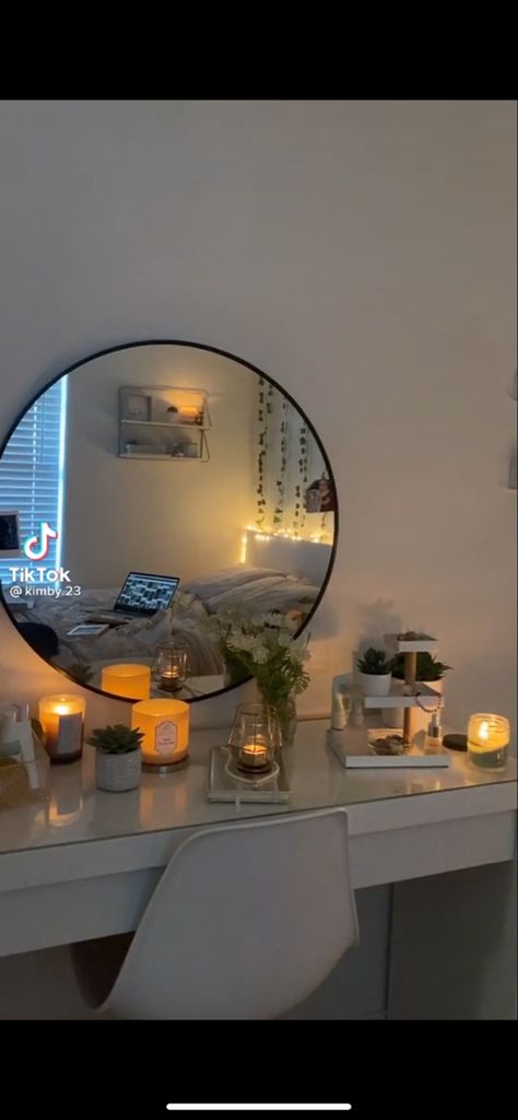 Vibey Room Aesthetic Modern, Circle Mirror Vanity, Vibey Room Aesthetic, Vibey Room, White Room Decor, Dekorasi Kamar Tidur, Pinterest Room Decor, Redecorate Bedroom, Dreamy Room