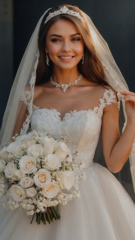 Bride Hair No Veil, Brides With Crowns And Veil, Wedding Hair With Veil On Top Of Head, Tiara Bridal Hair, Bride With Crown And Veil, Bridal Hairstyles With Crown And Veil, Brides With Tiaras, Side Part Bridal Hair Down With Veil, Wedding Dresses And Veils