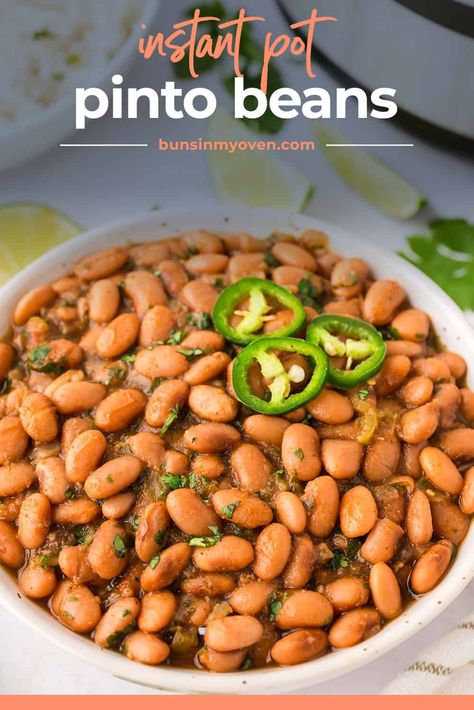 Instant Pot Pinto Beans are easy to make with no soaking required! The beans turn out tender and flavorful in a little over an hour! Our pressure cooker beans have a Tex-Mex flair, made with lots of seasoning and a little kick! Try them served over some rice or with tacos. Instant Pot Pinto Beans No Soak, Pinto Beans Instant Pot, Instant Pot Pinto Beans, Pressure Cooker Beans, Spanish Beans, Cooking Dried Beans, Bean Salsa, Hamburger Meat, Pinto Beans