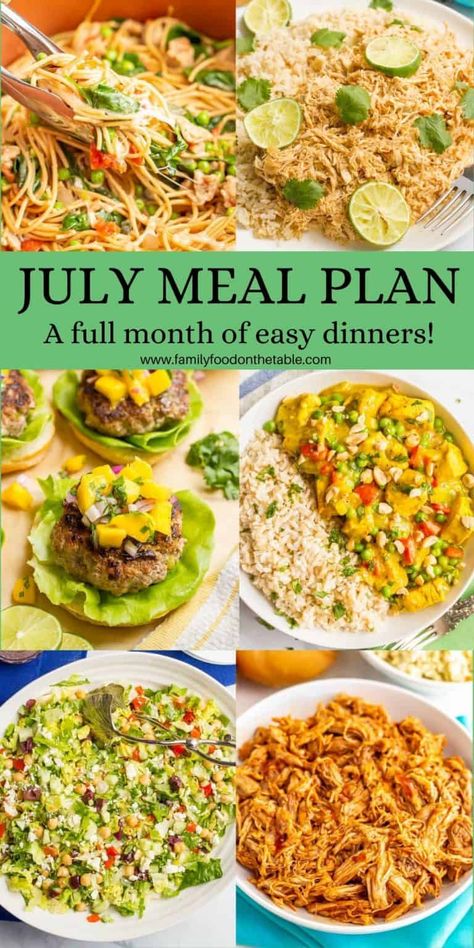 July meal plan - A full month of ideas for easy, homemade family-friendly dinners. Includes a free printable PDF calendar with each day’s menu idea for easy planning. July Meal Plan, Weekly Meal Plan Family, Resep Makanan Beku, Easy Meal Plan, Pdf Calendar, Weekly Dinner Menu, Meal Planning Menus, Food Summer, Monthly Meal Planning