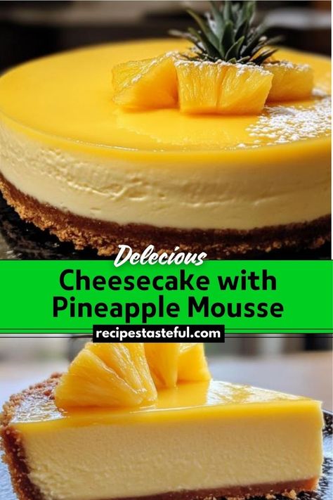 This Cheesecake with Pineapple Mousse features a classic creamy cheesecake base topped with a light and refreshing pineapple mousse. Perfect for summer, this dessert offers a delightful tropical twist on traditional cheesecake. Pineapple Mousse, Traditional Cheesecake, Cheesecake Base, Pineapple Cheesecake, Traditional Thanksgiving Recipes, Frozen Cheesecake, Cheesecake Toppings, Easy Thanksgiving Recipes, Cheesecake Mousse