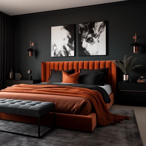 20 Black And Rust Bedroom Ideas - HearthandPetals Copper Bedroom, Vibe Bedroom, Simple Bed Designs, Bed Interior, Colorful Interior Design, Bunk Bed Designs, Bedroom Orange, Bed Design Modern, Black Bedroom