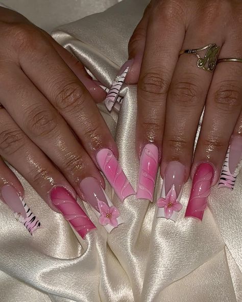 Dark And Light Pink Nails, Light And Dark Pink Nails, Pink Hoco Nails, Ambre Nails, Dark Pink Nails, Hoco Nails, Light Pink Nails, Hot Pink Nails, Long Acrylic Nail Designs