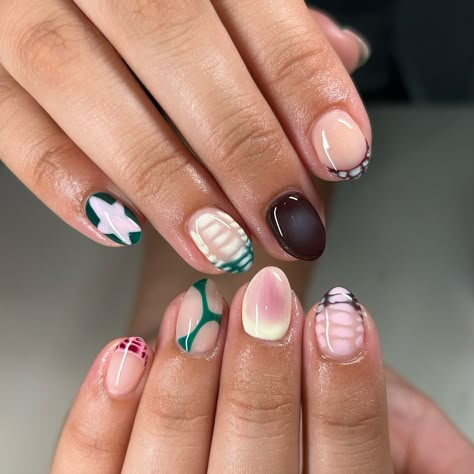 These have got to be my favorite type of nails to do!!🤩 #nailart #biab #luminarynailsystems #gelnails #bloominggel #planails #airbrushnails #starnails #abstractnails Funky Biab Nails, Cool Funky Nails, Fall Blooming Gel Nails, Fun Fall Nails, Type Of Nails, Cute Funky Nails, Nails Funky, Hello Nails, Airbrush Nails