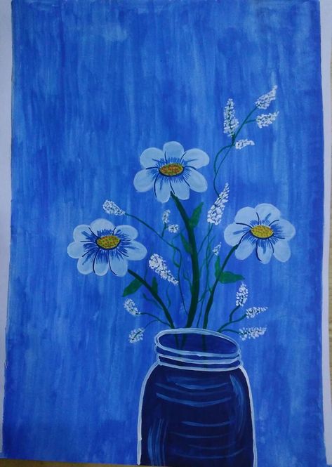 Blue Themed Painting Ideas, Canvas Painting Ideas Blue Background, Easy Painting Ideas On Canvas Blue, Blue Monochromatic Painting, Blue Background Painting, A Flower Drawing, Monochromatic Artwork, Monochromatic Painting, Card Painting