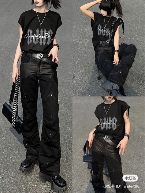 fully credit to right owner Douyin Outfits Black, Rock Core Outfit, Japanese Punk Aesthetic, Kpop Outfits Black, Pop Punk Aesthetic Outfit, Punk Aesthetic Outfit, 2000s Punk Aesthetic, Outfits Punk, Japanese Punk