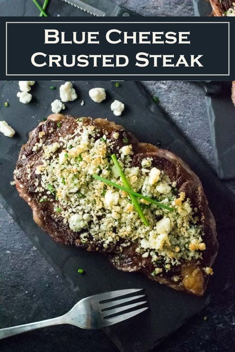 Blue Cheese Crusted Steak Recipe #steak #cheese #dinner #valentines #newyear #beef Crusted Steak Recipe, Crusted Steak, Steak With Blue Cheese, New York Strip Steak, Strip Steak Recipe, Blue Cheese Recipes, Pepper Steak Recipe, Cheese Dinner, Ny Strip Steak