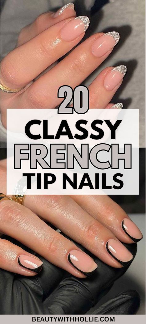 20 Classy French Tip Nails Ideas Professional French Tip Nails, Winter Nails French Tip Elegant, Glitter French Manicure Square, Nails Black Tie Event, Gel Nail Designs For Winter French Tips Manicure Ideas, French Manicure Winter Nails, French Manicure New Years Nails, January French Tip Nail Designs, French Nails Dipping Powder