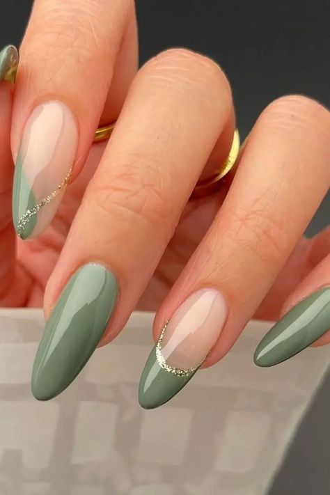 This almond French nail design takes the minimalist approach with a soft sage green tip, accented with a delicate glitter line. The contrast of nude and green makes this look timeless yet modern. Almond French Nail, Square Short Nails, French Nails Ideas, Nails Square Short, Nail Extensions Acrylic, Glitter French Tips, Soft Sage Green, Green Nail Art, Soft Gel Nails