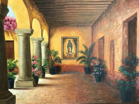 Mexican Style Painting, Hacienda Painting, Vintage Mexican Art, Mexico Painting, Hacienda Homes, Hispanic Art, Mexican Artwork, Mexican Paintings, Mexican Hacienda