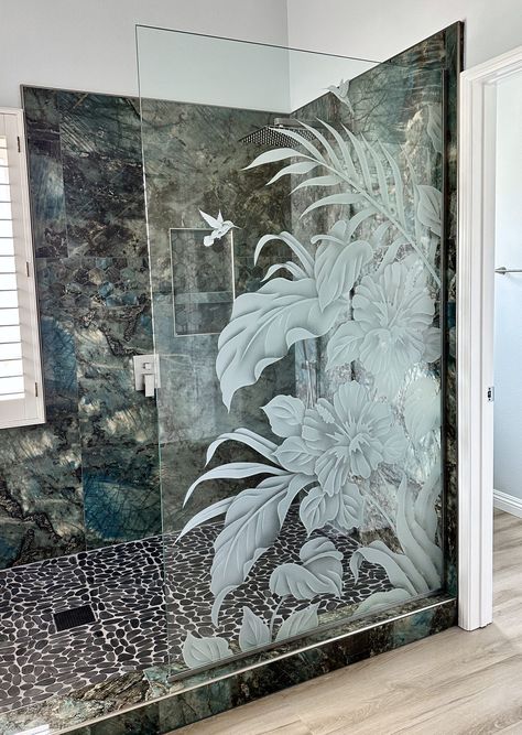 Walk in Shower Screen, Shower Fixed Glass Panel - Shower Partition - Available Any Size •  🚚 FREE SHIPPING on most orders! • Includes 3/8” Tempered Glass • (2) 95” U Channel for Glass Attachment to Wall & Floor • Hundreds of DESIGNS IN EVERY DECOR!   Durable Sandblast Frosted Glass Art By Sans Soucie Art Glass - 🖐🏼 HAND MADE 🇺🇸 IN THE USA!  🎨 Create your Dream Frameless Walk-in Shower Screen, Fixed Glass Panel! 💫  Shower Partition  • Brushed Nickel Hardware • Single  GLASS  • 30" x 76" •