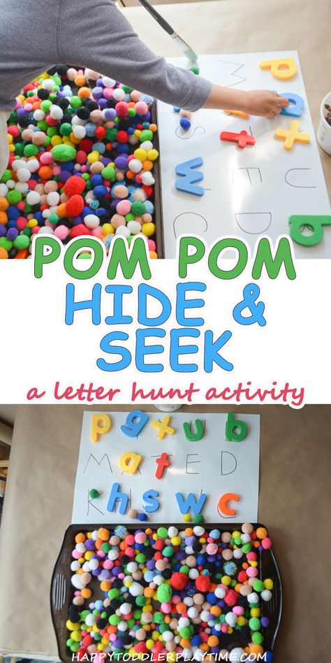 Pom Pom Hide & Seek - HAPPY TODDLER PLAYTIME Pom Pom Activities, Sensory Center, Playing Preschool, Easy Pom Pom, Puzzle Theme, Letter Hunt, Homeschool Toddler, Bee Crafts For Kids, Color Sorting Activities