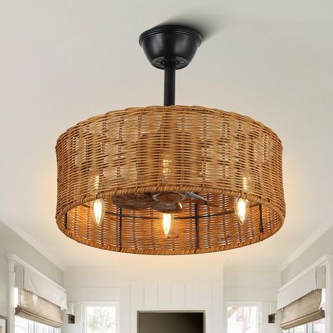 PRICES MAY VARY. Bladeless Ceiling Fan:This 18-inch ceiling fan with light features 6*E12 light bases (bulbs not included) and handwoven rattan caged frame, adding a rustic touch to rooms with limited space. It is ideal for kitchen, bedroom, dining room, and living room. Remote Control: The ceiling fan with lights is equipped with an easy-to-use remote control, allowing you to operate various functions of the ceiling fan light fixture(3 speeds,timing,reversible blades) without leaving your seat. Caged Ceiling Fan, Ceiling Fan With Lights, Rattan Shades, Ceiling Fan With Remote, Wood Ceilings, Scandi Style, Ceiling Fans, Fan Light, Ceiling Fan With Light