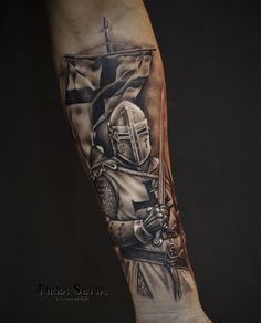 Forearm Tattoo Men Sleeve, Templar Knight Tattoo, Tattoo Men Sleeve, David Tattoo, Gladiator Tattoo, Soldier Tattoo, Skull Hand Tattoo, Patriotic Tattoos, Christian Sleeve Tattoo