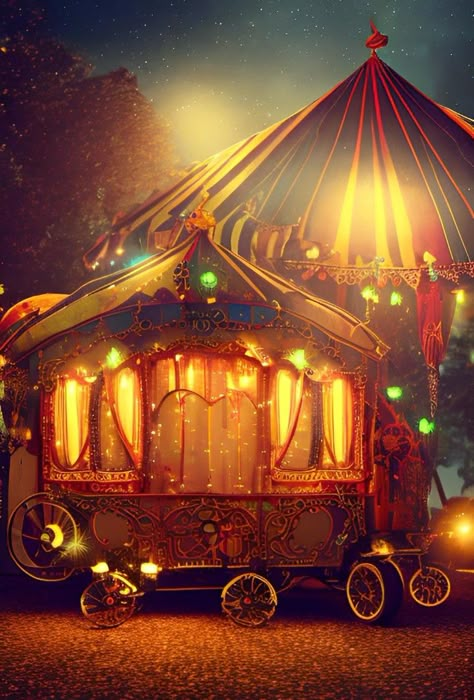 ✨Steampunk circus fantasy caravan at night, tent #digitalart Spooky Carnival Aesthetic, Circus Fantasy Art, Fantasy Carnival Art, Victorian Circus Aesthetic, Circus Carriage, The Night Circus Aesthetic, Fantasy Caravan, Fantasy Tent, Dnd Circus