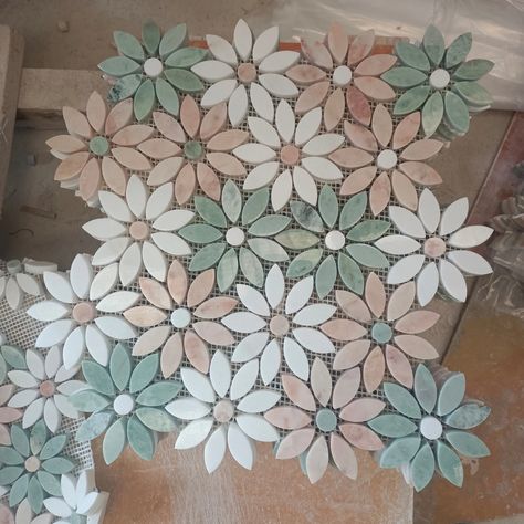 Flower Tile Bathroom, Flower Backsplash Kitchen, Daisy Mosaic Tile, Marble Moulding, Bathroom Mosaic Tile Ideas, Flower Tile Backsplash, Flower Mosaic Tile, Daisy Tile, Australian Bathroom