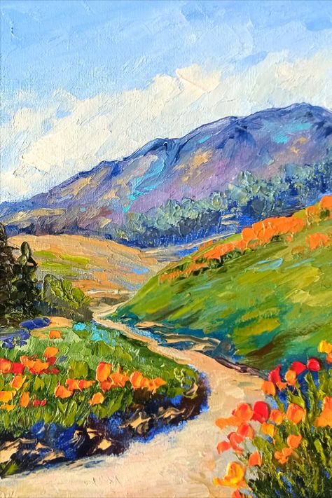 Product Description: This original artwork features a breathtaking landscape painting of California poppies. Created using impasto oil painting techniques, this piece showcases the artistic prowess of Inna Bebris. The painting is 100% handmade and is perfect for home decor or gifting purposes. Materials: Crafted on a canvas panel (canvas board), this artwork utilizes high-quality oil paints and a palette knife for textured detailing. Oleo Painting Ideas, Art Gallery Landscape, Poppies Landscape, Pallet Knife Painting, Palette Knife Landscape, California Poppies, Oil Painting Techniques, Poppy Painting, California Landscape