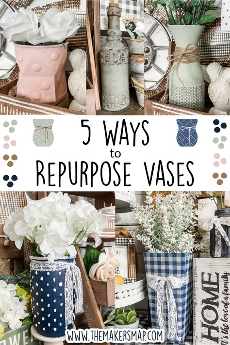 5 Ways to Repurpose Vases Vase Crafts For Kids, Repurpose Vases, Diy Glass Vase Ideas, Crafts For Kids Easy Diy, Diy Crafts Vases, Homemade Vase, Flower Vase Crafts, Farmhouse Vases, Vases Ideas