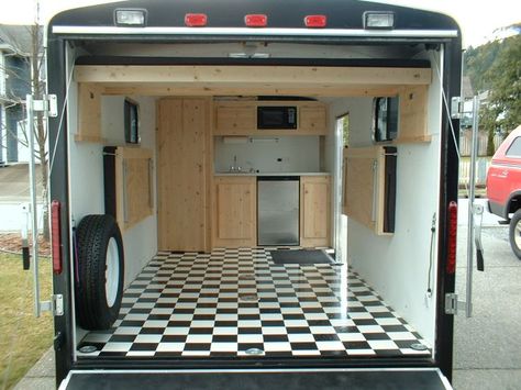 Racing Trailer Ideas, Enclosed Trailer Bed Ideas, Box Trailer Conversion, E Track Trailer Ideas, Enclosed Trailer Camper Conversion, Converted Cargo Trailer, Utility Trailer Camper, Trailer Camper Conversion, Cargo Camper