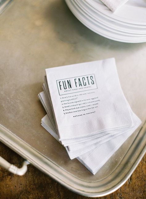 Wedding Fun Fact Napkins, Fun Facts Napkins Wedding, Fun Fact Wedding Napkins, Wedding Bar Details, Personal Details Wedding, Fun Fact Napkins Wedding, Fun Wedding Touches, Fun Wedding Stationery, Napkins Wedding Ideas