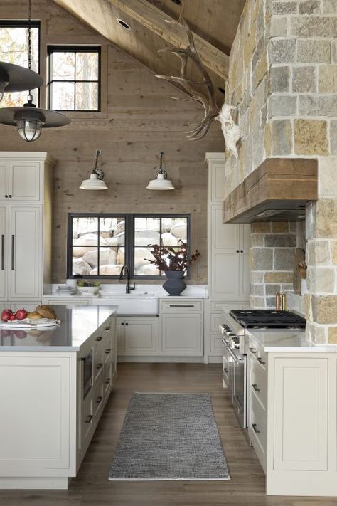 Farmhouse Kitchen With Large Windows, Mountain House Kitchen Rustic, Corner Woodburner Ideas, Antique Doors In House Pantry, Mountain Kitchen Design Ideas, Modern Mountain Barndominium, Kitchen With Rock Backsplash Stone Walls, Cottage Interior Design Bedroom, Barndemonium Interior