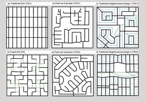 image Road Planning Design, Road Network Urban Design, Walkable City Urban Planning, Neighbourhood Layout, City Planning Design Layout, City Skylines Game, City Maps Design, City Grid, Urban Design Diagram